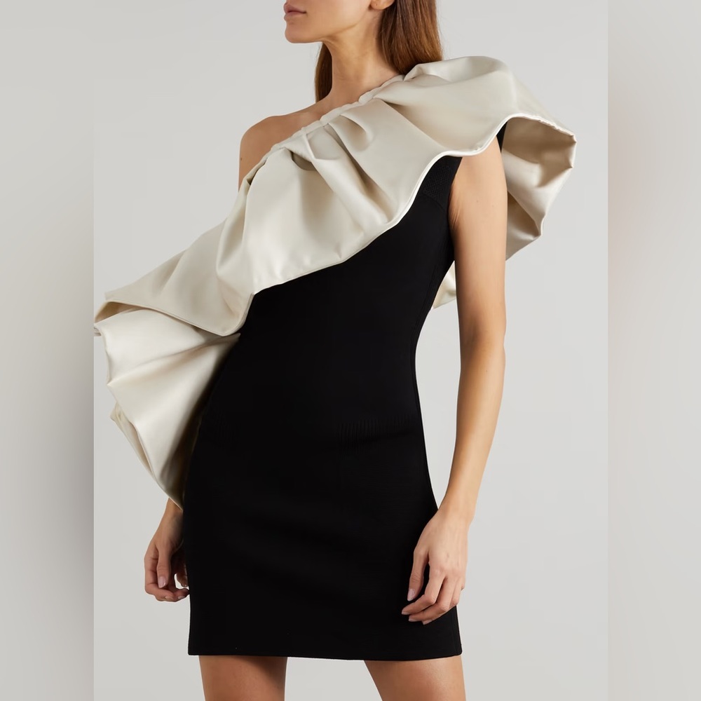 AZ FACTORY One-shoulder duchesse satin-trimmed ruffled AnatoKnit mini dress